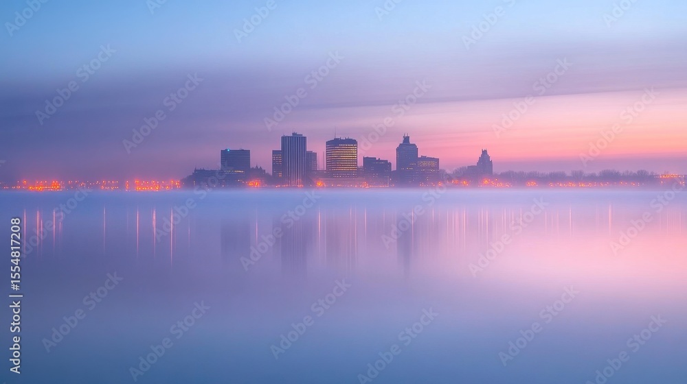 Fototapeta premium Serene Early Morning Cityscape with Mist and Reflections at Dawn