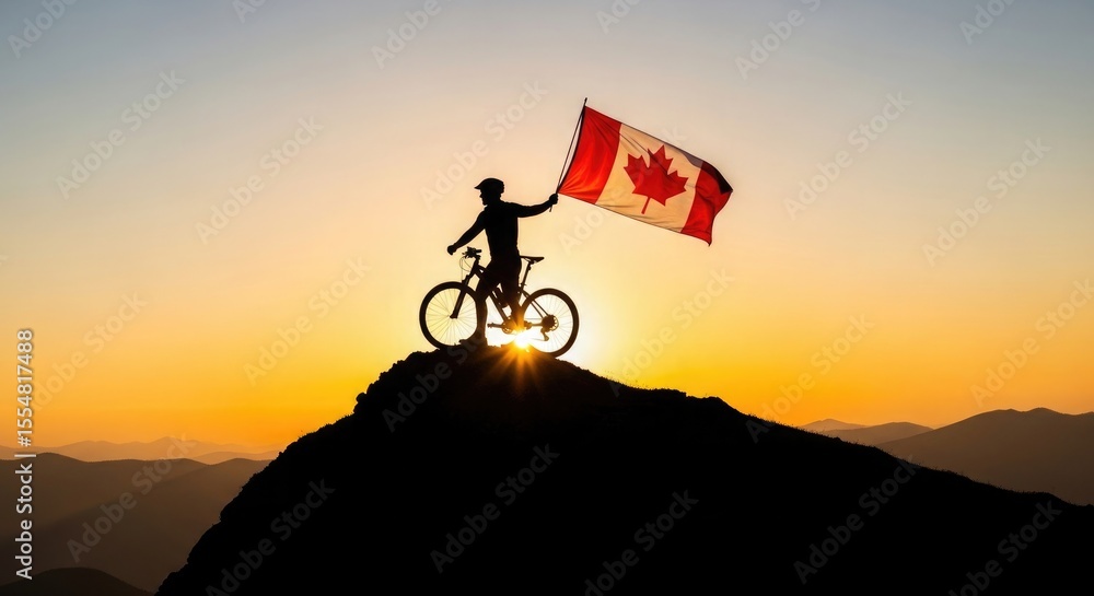 Obraz premium Cyclist with Canadian flag on mountain peak at sunset