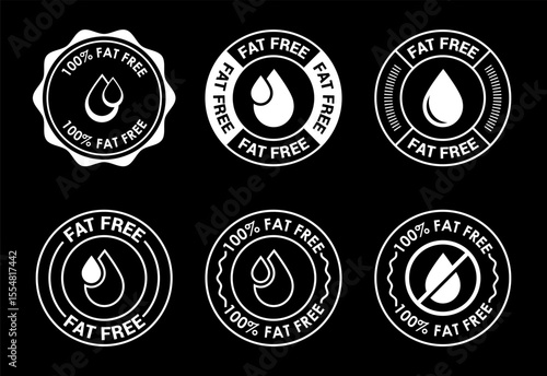 Fat free icons set design. Zero fat circle badge label for dietary product symbol white on black background