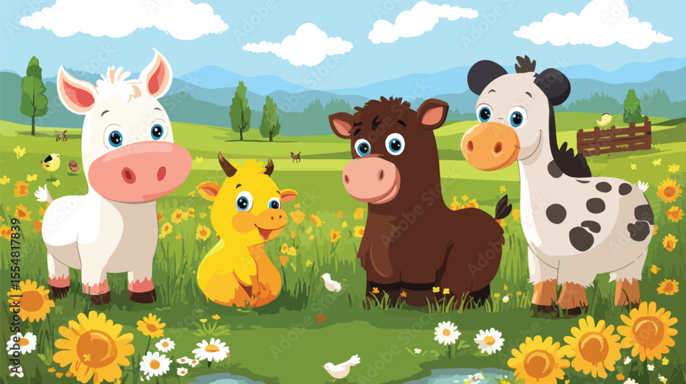 Naklejka premium Cute Farmyard Animals with Flowers
