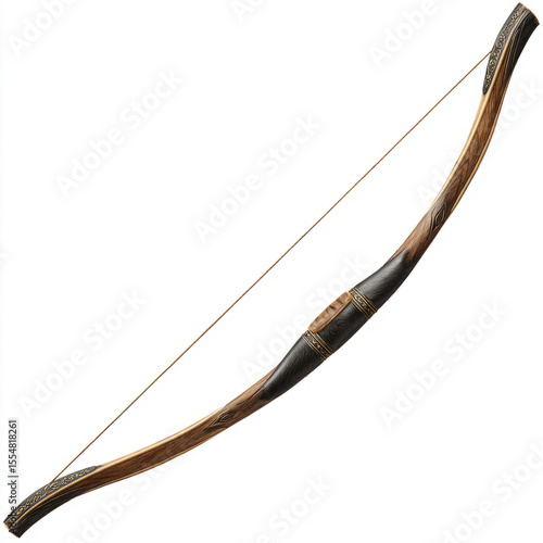 Wooden longbow with drawn string, isolated medieval archer weapon