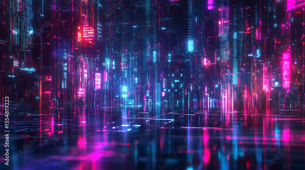 Futuristic Cityscape with Neon Lights Reflecting on Ground Surface Futuristic Cityscape with Neon Lights Reflecting on Ground Surface