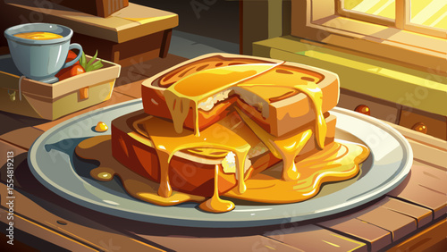 Golden-brown bread crackles as melted cheddar oozes out from between. A corner is bitten, showing the gooey center. The sandwich rests on a ceramic plate with tomato soup on the side. Soft light from 