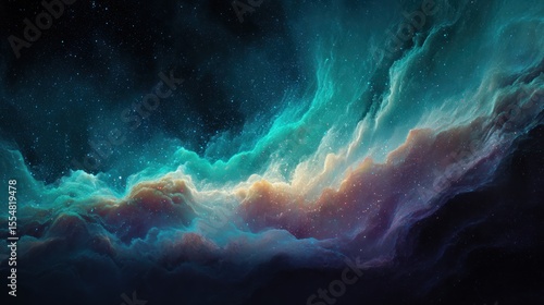 Abstract colorful nebula cloudscape with blue green and purple hues in dark space.