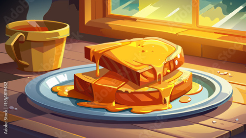 Golden-brown bread crackles as melted cheddar oozes out from between. A corner is bitten, showing the gooey center. The sandwich rests on a ceramic plate with tomato soup on the side. Soft light from 