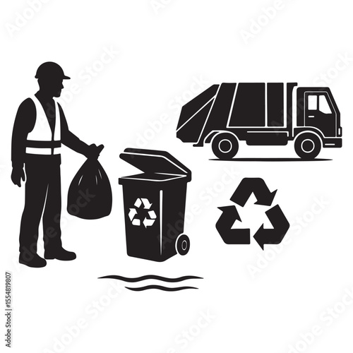 Recycling trash bin and garbage truck collection. Trash utility, disposal and recycling concept set Vector illustration