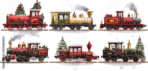 Watercolor Illustration of Vintage Christmas Trains on Rails Featuring Festive Decorations and Holiday Cheer Perfect for Seasonal Greetings and Nostalgic Designs on a White Background