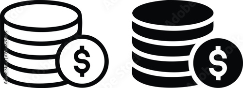 Minimalist Stack of Black Coins with Teal Dollar Symbol Icon – Flat Geometric Vector on Transparent Background