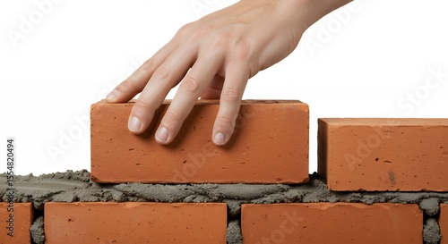 Hand placing brick on mortar construction