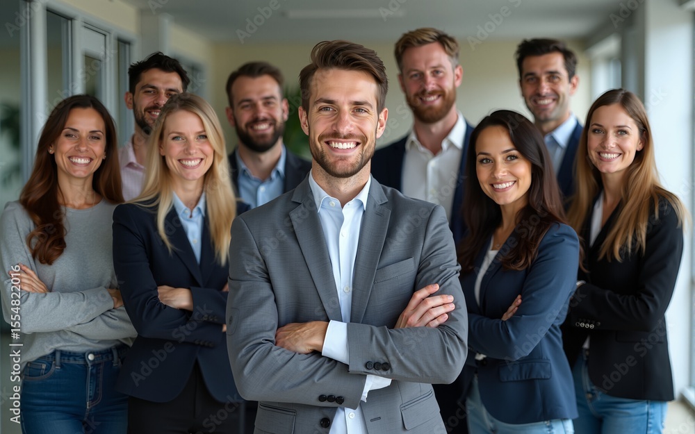 Diverse group of business people team standing in an office, smiling and looking at the camera with arms crossed. A man posing as the leader is in the center posing for a portrait. High quality Diverse group of business people team standing in an office, smiling and looking at the camera with arms crossed. A man posing as the leader is in the center posing for a portrait. High quality
