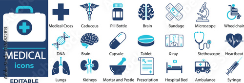 Medical vector icon set. Containing Caduceus, Brain, Bandage, Microscope, Wheelchair, DNA, Capsule, Tablet, X-ray, Stethoscope and more. Solid vector icons collection.