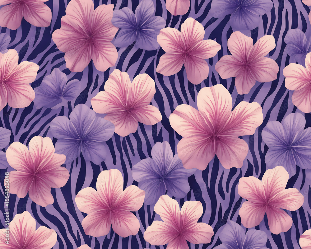 Seamless Violet And Pink Floral Pattern With Botanical Elements On Blue And Black Striped Background Seamless Violet And Pink Floral Pattern With Botanical Elements On Blue And Black Striped Background