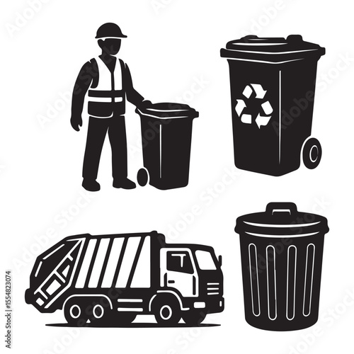 Recycling trash bin and garbage truck collection. Trash utility, disposal and recycling concept set Vector illustration