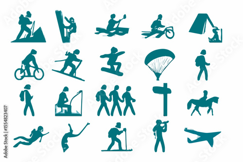 Collection of Teal Outdoor Activity Icons A diverse set of recreational pursuits represented in simple stylized teal icons against a white background showcasing various sports