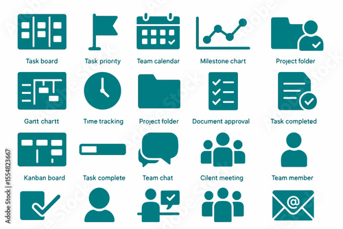 Collection of Teal Project Management Icons Representing Tasks Communication and Progress Tracking for Team Collaboration and Efficient Workflow including Gantt Charts Kanban Boards and Team