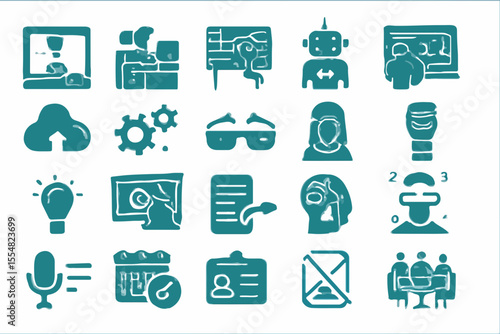 Collection of Teal Icons Representing Various Concepts Such as Technology Communication and Business Presented on a White Background Displaying a Range of Modern and Abstract