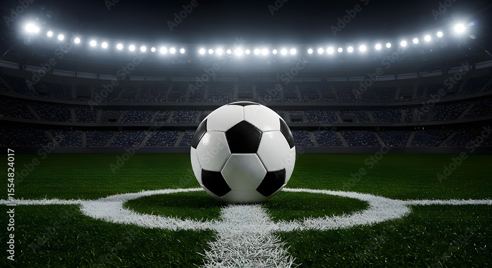 Obraz premium Soccer, Football, Ball, Soccer Ball on the Center Spot of an Empty Stadium at Night