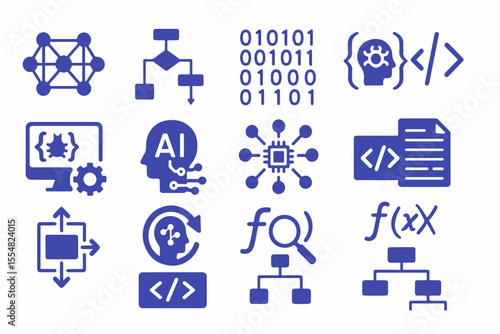 Collection of Artificial Intelligence and Computer Science Icons Depicting Machine Learning Algorithms Coding Data Analysis Neural Networks and Technological Concepts in a Cohesive and Modern