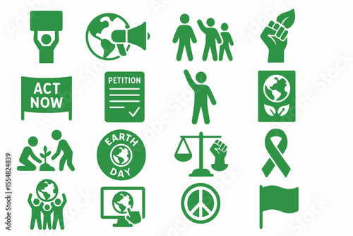 Green Environmental Activism Icon Set A Collection of Symbols Representing Protests Earth Day Petitions and Sustainable Actions for a Better Planet and Future for All