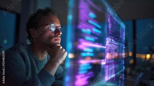 Man with glasses looks at a screen displaying code in a dark room.