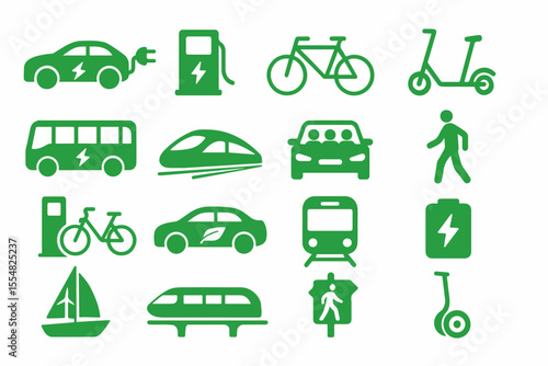 Green Transportation Icons A Collection of Sustainable and Eco Friendly Vehicles and Modes of Transport for a Cleaner Future Including Electric Cars Bicycles Trains and