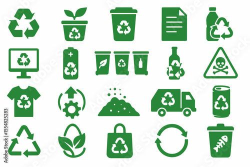 Set of green recycling icons featuring eco-friendly symbols like trees, water, and energy, designed for web and environmental use