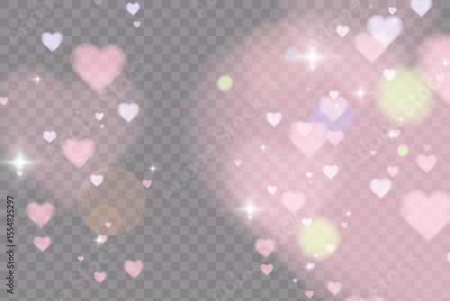 Bright colorful glow pattern of bright hearts with shimmering glitter and glare. Bright glow background in heart shape for Valentine's Day design.