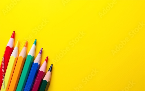 Various color pencils on solid yellow background, diversify or creativity concept or children art and education. High quality