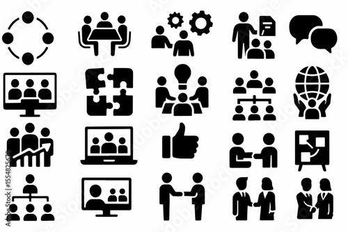 Collection of Business and Teamwork Icons Representing Collaboration Communication Strategy and Global Reach in a Flat Minimalist Style for Visual Communication and Design Purposes compilation