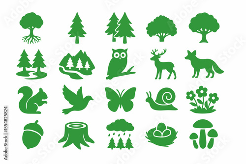 A collection of green nature icons including trees animals and plants arranged in rows on a white background representing a forest or natural environment Green