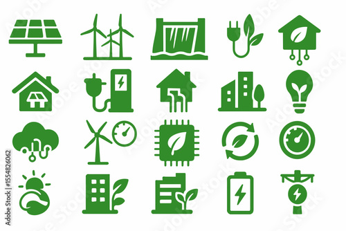 Green Energy and Sustainability Icon Set A collection of symbols representing renewable energy sources eco friendly technologies and environmentally conscious practices all depicted in a