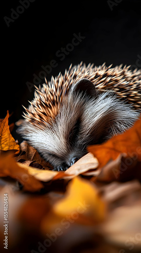Wallpaper Mural Sleepy hedgehog nestled amongst autumn leaves.  Close-up view of a hedgehog curled up, resting on fallen leaves.  Warm tones highlight the natural beauty of the scene Torontodigital.ca