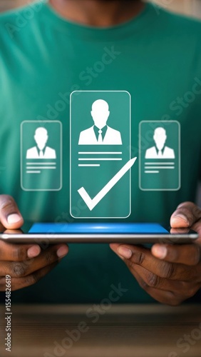 Digital Recruitment Selection Hand Using Stylus on Tablet with Profile Cards. Modern Business Illustration of Candidate Approval Process. Sleek Tech Interface with Checkmark Highlight.