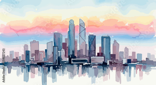Wallpaper Mural A watercolor painting of a modern city skyline at dusk, with abstract building shapes and a glowing pastel sky. A stylish blend of urban and art. Torontodigital.ca