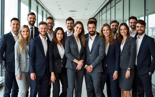 a show of unity, a row of Caucasian businesspeople poses for a group photo, showcasing their collective vision for the successful business corporation. generative AI. High quality