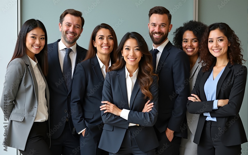 A diverse group of businesspeople poses for a professional team photo, exuding confidence and professionalism, while looking smart and impeccable. Generative AI. High quality A diverse group of businesspeople poses for a professional team photo, exuding confidence and professionalism, while looking smart and impeccable. Generative AI. High quality
