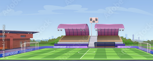 Sports infrastructure, football stadium with stands and benches. Mini-football field with goals and fencing, technical building, lighting equipment, glass canopy. Sports arena, vector cartoon.
