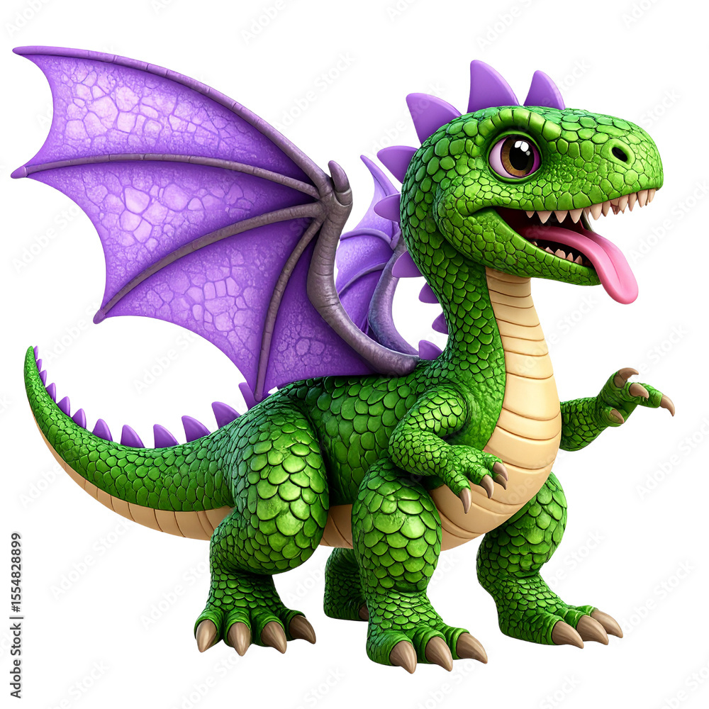 Obraz premium 3D Dinosaur-Inspired Cute Monster in Green Scales with Tiny Wings, isolated on a transparent background