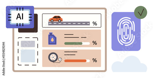 AI chip, car diagnostics charts showing fuel, tire, and mileage stats. Fingerprint authentication, cloud integration. Ideal for AI, vehicle monitoring, tech innovation cloud security IoT digital