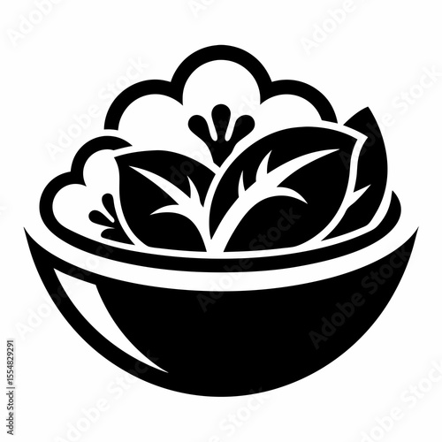 Black and white salad bowl with vegetables isolated on white background