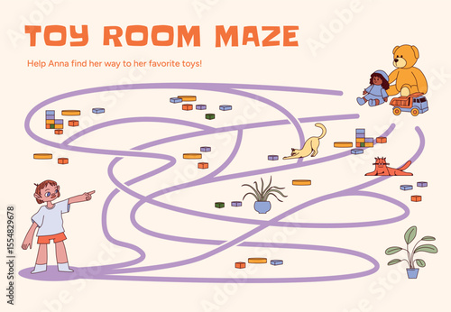 Girl pointing at curved Maze in Toy Room with colorful Blocks, Cats, Plants, Teddy Bear, Truck and Doll. Help character reach favorite Toys. Educational puzzle game. Flat vector illustration.