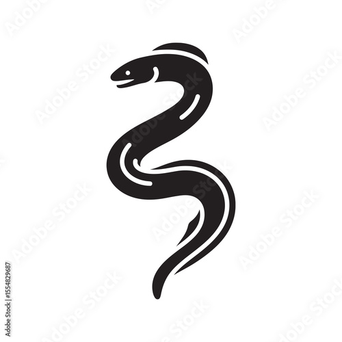 Eel seafood icon for Japanese restaurant menu or aquarium symbol long snake like fish for unagi sushi or other gourmet aquatic culinary dishes vector solid glyph icon