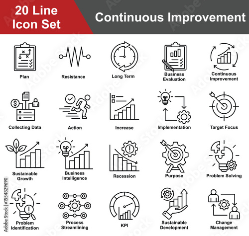 Continuous Improvement Icon Set Collection. Containing Plan, Resistance, Long Term, Business Evaluation, Collecting Data, Action, Increase, Implementation, Target. Simple Line Vector Illustration.