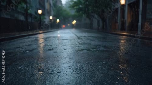 A moody and atmospheric rainy season background. Include soft rain falling, blurred reflections on wet pavement Add subtle fog or mist for a dreamy effect, and raindrops on glass for text   