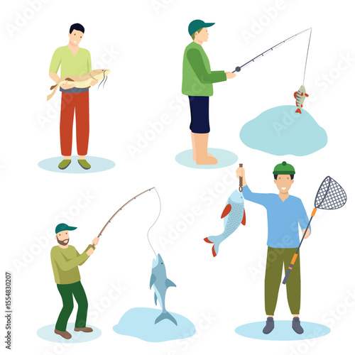 Vector set of anglers with different activities