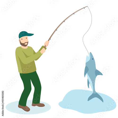 Vector man lifting fish from his fishing catch