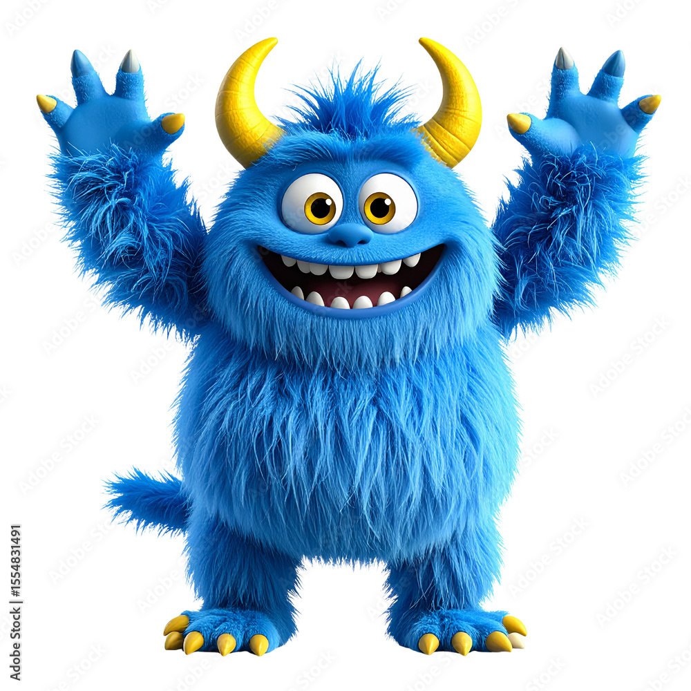 3D Fluffy Blue Monster with Tiny Horns and Big Eyes, Smiling, isolated on a transparent background 3D Fluffy Blue Monster with Tiny Horns and Big Eyes, Smiling, isolated on a transparent background