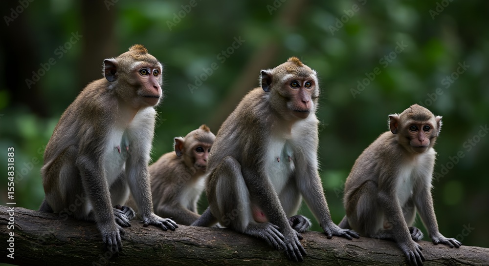 Monkey, Monkeys, Macaque, Family of Monkeys Sitting on a Branch Monkey, Monkeys, Macaque, Family of Monkeys Sitting on a Branch