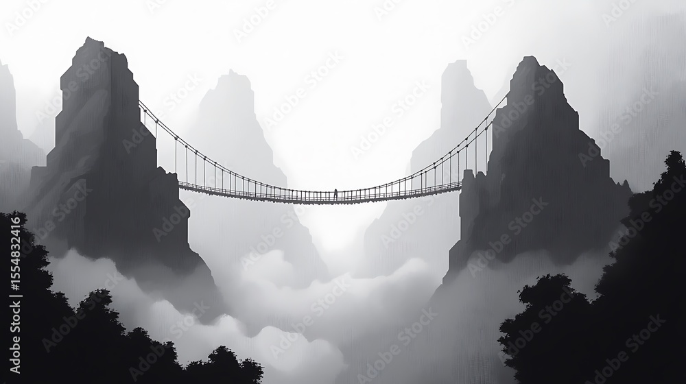 Fototapeta premium Bridge Between Mountains: Dramatic suspension bridge spans a misty gorge amidst towering mountains, symbolizing overcoming challenges and reaching new heights in a black and white.