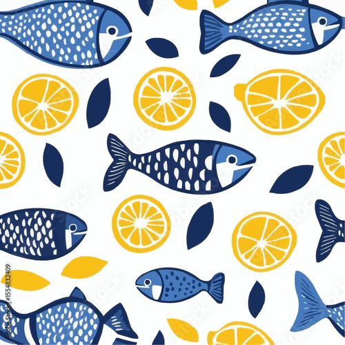 Flat vector pattern of stylized fish and lemon slices in blue and yellow on a white background, ideal for Mediterranean kitchen decor, food packaging and textile design
